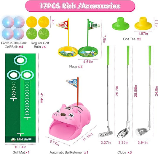 Upgraded Kids Toy Golf Set with Tiger Automatic Returner, Led Light Up Night Golf Balls, 3 Adjustable Golf Club, Putting Mat for 3 4 5 6 7 8 Years Old Boys Girls (Pink)