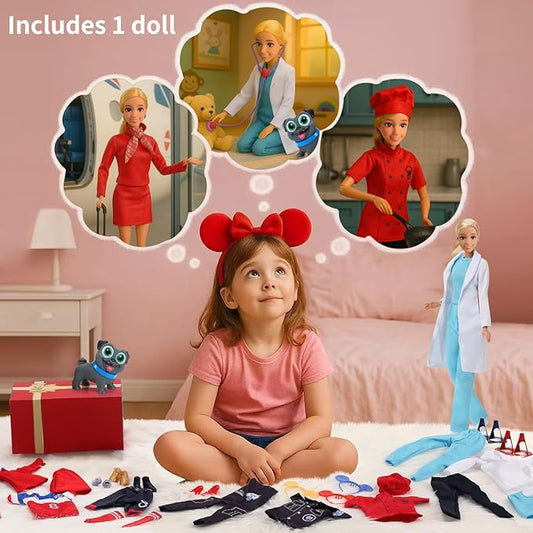 11.5-Inch Themed Doll Clothes & Accessories-Educational Role Play Gift Set for Girls with 1 Doll, 5 Outfits (Doctor, Flight Attendant, Police, Chef, Soccer), 1 Puppy, 5 Shoes, Stands, Headbands