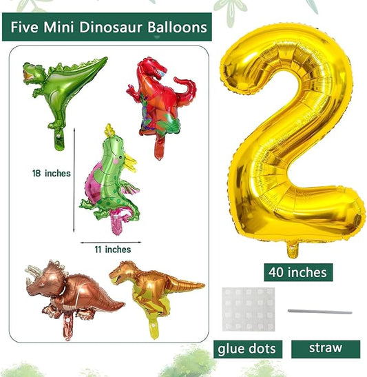 LilyZheng Dinosaur Number 2 Balloon, 40 Inch Large Gold Foil Number Balloon with 5 Mini Dino Balloons, Roar Dinosaur Birthday Decorations for Jungle Theme 2nd Birthday Party Decorations