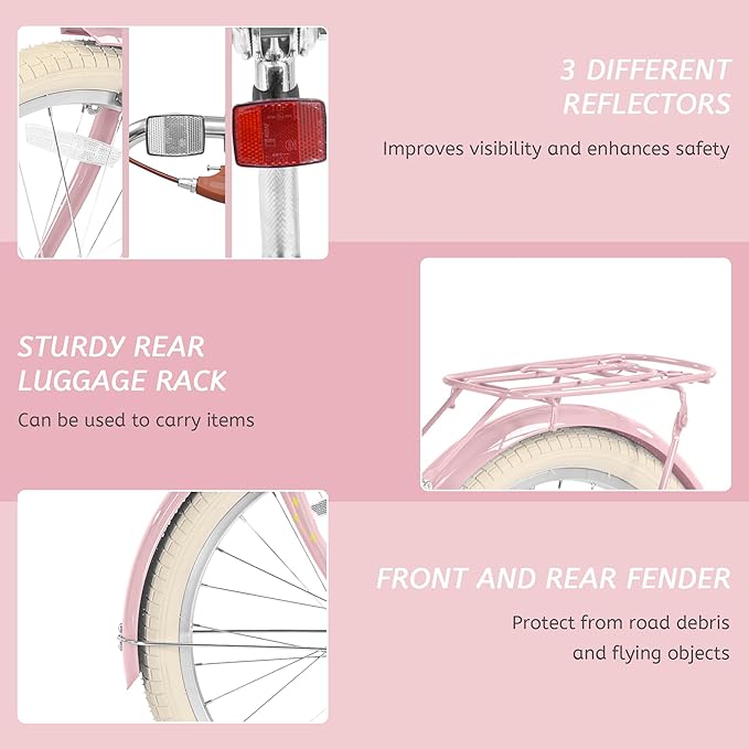 Girls Bikes Ages 8-12, 20 Inch Girls Bike Kids Bicycle with Basket, Lightweight Kids' Bicycles with Front and Rear Brakes, Cruiser Bike for Children, Multiple Colors