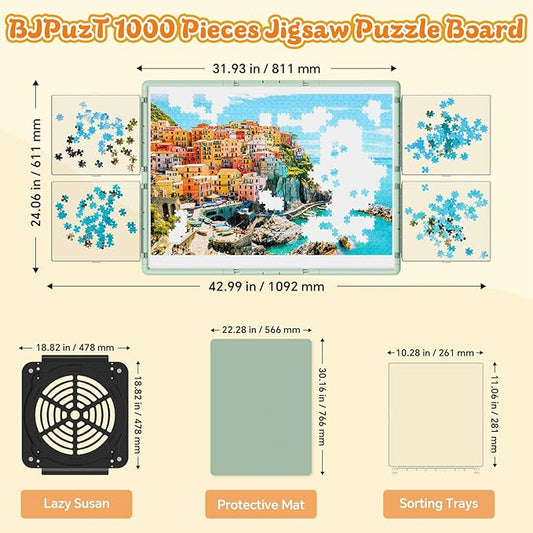 1000 Pieces Rotating Plastic Puzzle Board 3-in-1 Double-Sided/Tilting/Rotating, Portable Table 31.93"x24.06" Spinning Jigsaw Puzzle Table with Cover Lazy Susan Gift for Seniors Adults and Kids