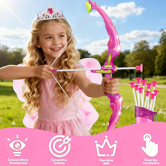 Pink Bow and Arrow Set for Girls, LED Light Up Archery Set with 10 Suction Cup Arrows, Target, Fairy Wings & Princess Crown, Birthday Gift Outdoor Toys for Kids Girls Ages 3-12