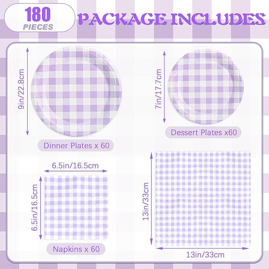 180Pcs Purple Gingham Party Supplies Paper Plates and Napkins Serve 60 Disposable Tableware Set for Birthday Party Decorations Game Day Family School Holiday Sports Events