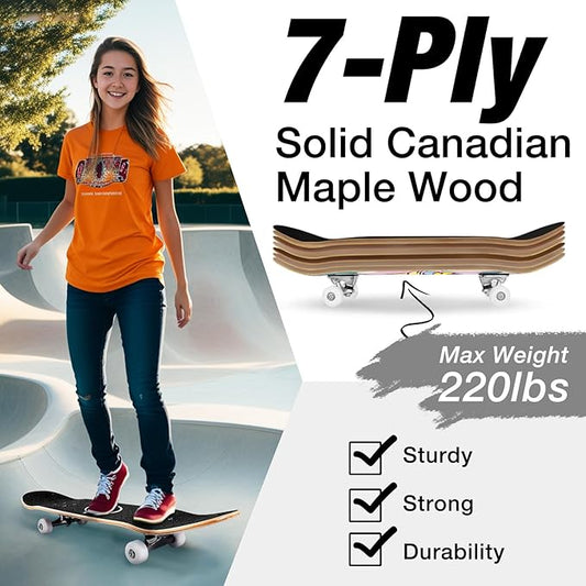 BELEEV Skateboards for Beginners, 31 x 8 inch Complete Skateboard for Kids Teens Adults, 7 Layer Canadian Maple Double Kick Deck Concave Cruiser Trick Skateboard with Multifunction Skate T-Tool