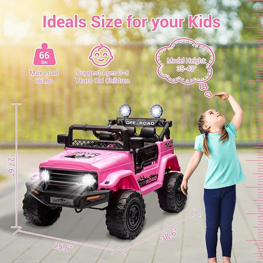 SEHOMY 12V Kids Ride On Truck with Parent Remote, 4 Wheelers Battery Powered Electric Toys Car Toddler - 3 Speed, Spring Suspension, LED Lights, Safety Start, Music, Kids Electric Vehicles Pink