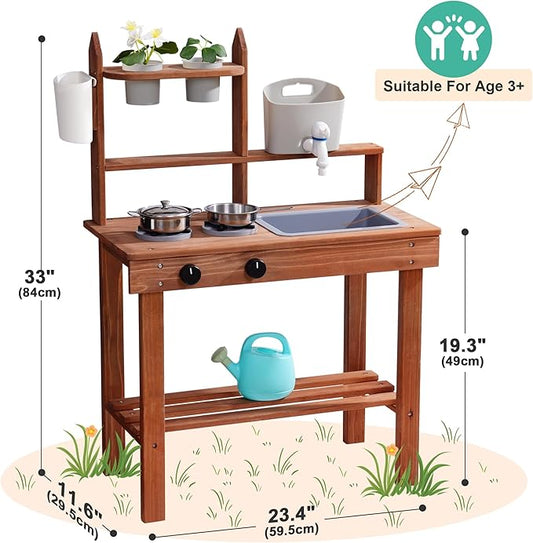 ROBOTIME Mud Kitchen for Kids Outdoor, Wooden Outdoor Play Kitchen with Sink, Faucet, Stove & Cooking Accessories, Fun Backyard Kids Kitchen Playset for Boys and Girls Age 3+