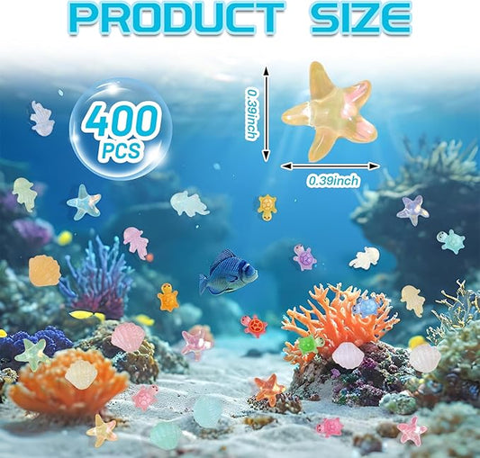 400pcs Luminous Mini Ocean Resin Animals Starfish Jellyfish Seashell Mini Turtles Set Resin Animals Tiny Sea Models for Dollhouse Miniatures DIY Fish Tank Fairy Garden Micro Landscaping