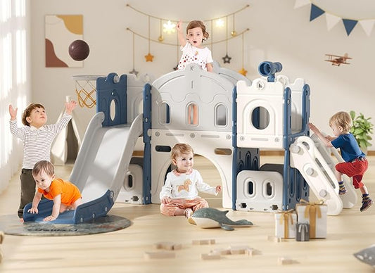 YUFU 8 in 1 Kids Slide for Toddlers Age 1-3, Kids Playset with Basketball Hoop and Ball, Indoor Outdoor Playground