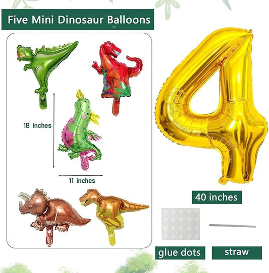 LilyZheng Number 4 Balloon Set, 40 Inch Large Gold Foil Number Balloon with 5 Mini Dino Balloons, Roar Jungle Theme 4th Birthday Party Decorations boys and Girls