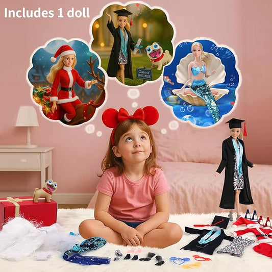 11.5-Inch Themed Doll Clothes & Accessories – Educational Role Play Gift Set for Girls with 1 Doll, 5 Outfits (Santa, Wedding, Graduation, Mermaid, Ballet) 1 Puppy, 5 Shoes, Stands, Headbands