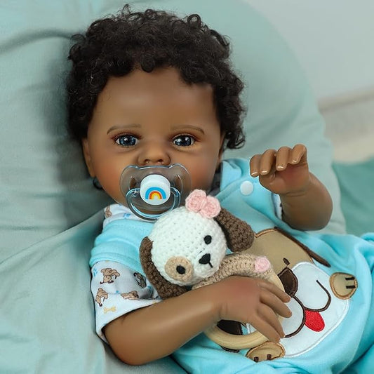 SCOM Realistic Reborn Baby Boy Black- 20 Inch African American Lifelike Newborn Real Life Baby Dolls with Clothes and Soft Body Toy Gift for Kids Age 3+
