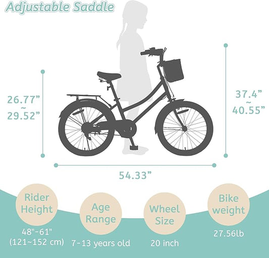 Girls Bikes Ages 8-12, 20 Inch Girls Bike Kids Bicycle with Basket, Lightweight Kids' Bicycles with Front and Rear Brakes, Cruiser Bike for Children, Multiple Colors
