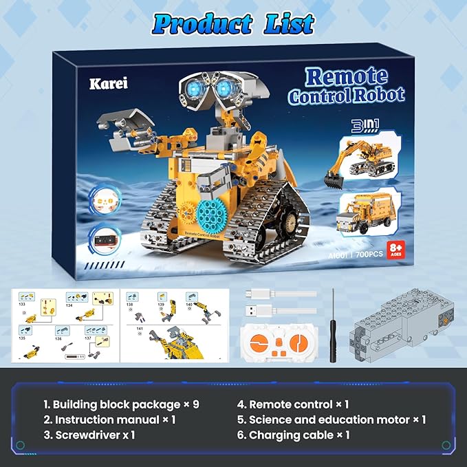 Robot Building Kit Toys for Boys Age 8-12 with 700 Pcs, 3 in 1 Robotics Excavator Garbage Truck with App & Remote Control, Coding Robot Building Set, Birthday Gifts for 8-14 Years Old Boys Girls