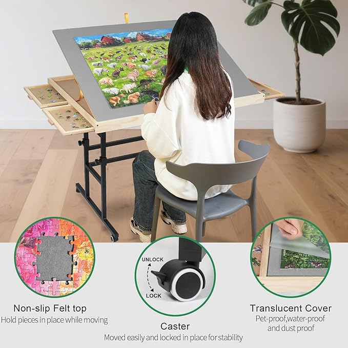 ALL4JIG 1500 Piece Jigsaw Puzzle Table with Legs,25"x34"Adjustable Puzzle Tables for Adults, 3-Tilting-Angle Portable Wooden Jigsaw Puzzle Board Portable with 4 Drawers & Cover Birthday Gift for mom