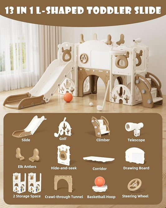 YUFU 13 in 1 Kids Slide for Toddlers, Toddler Slide Playset with Golf, Drawing Board, Climber, Basketball Hoop and Storage Space, Indoor Outdoor Toddler Playground for Kids Age 1-3 (Brown)