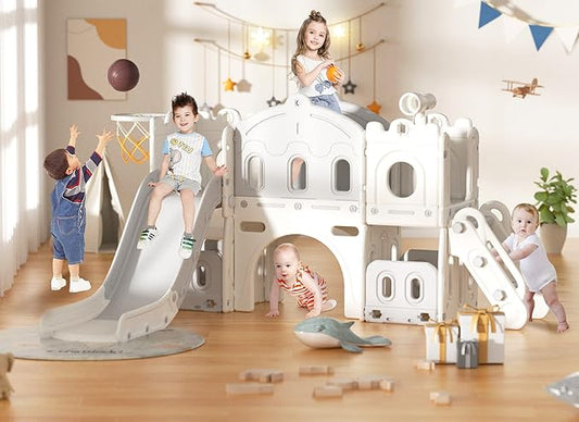 YUFU 8 in 1 Kids Slide for Toddlers Age 1-3, Kids Playset with Basketball Hoop and Ball, Indoor Outdoor Playground