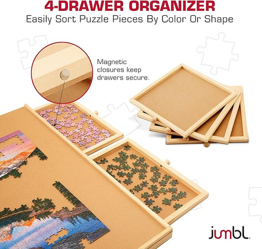 Jumbl 1000-Piece Puzzle Board with Drawers, Lazy Susan & Cover | Rotating Wooden Jigsaw Puzzle Table for Adults & Kids | Built to Last
