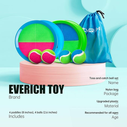 EVERICH Upgraded Toss and Catch Ball Game Set, Outdoor Games for Kids Outdoor Toys Yard Games, Beach Pool Toys for Adults Family 4 Paddles 4 Balls, Great Gifts for Boys Girls 3 4 5 6 7 8-12 Years Old