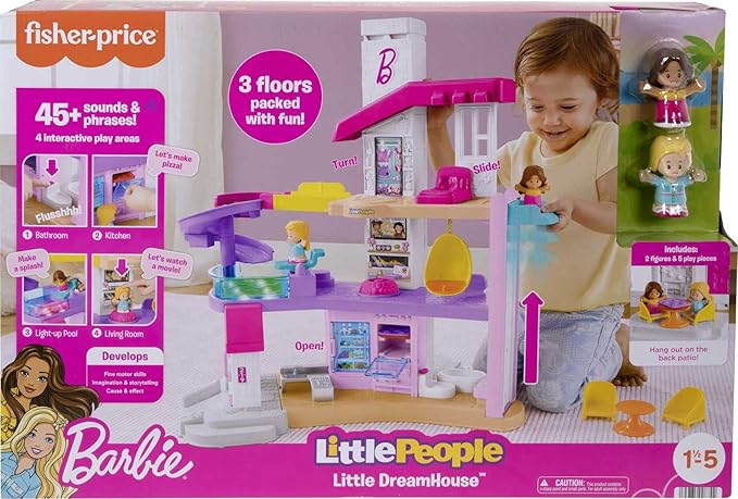 Fisher-Price Little People Toddler Toy Barbie DreamHouse Playset with Music Lights & Figures for Pretend Play Kids Ages 18+ Months