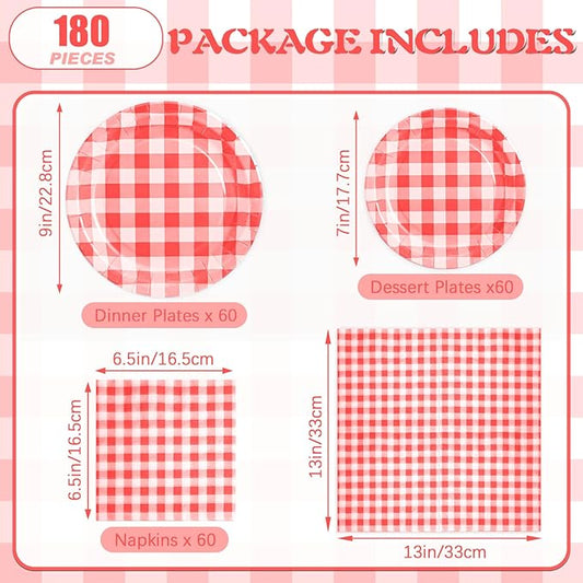 180Pcs Red Gingham Party Supplies Paper Plates and Napkins Serve 60 Disposable Tableware Set for Birthday Party Decorations Game Day Family School Holiday Sports Events