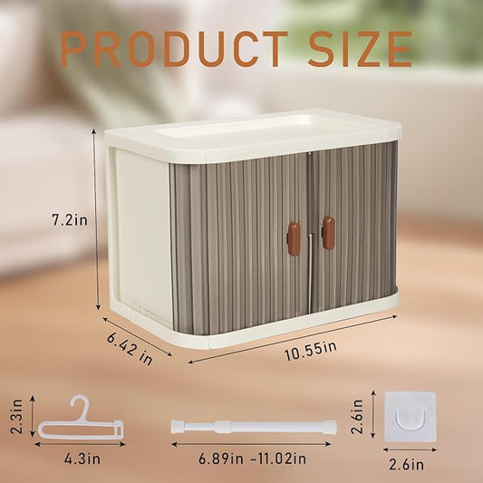 Doll Wardrobe Storage Box, Foldable Doll Closet with 10 Hangers and Rod for 15/17cm Doll Clothes Stackable Organizer Cabinet with Dust-Resistant Cover and Display Shelf (Transparent Grey)