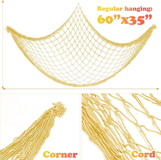 2 Pack Fish Net Decorations for Party,Natural Cotton Hawaiian Party Fishing Net Decorative, Nautical Themed Cotton Fishnet Under The Sea Pirate Ocean Beach Decor