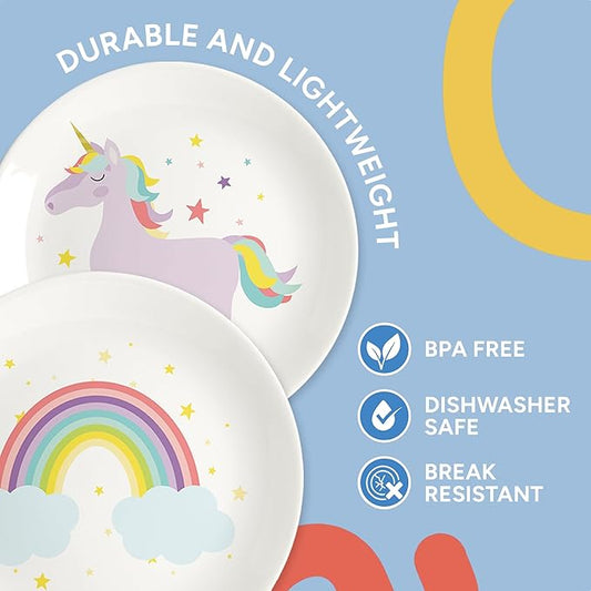 Tiny Expressions Unicorn Plates – 10" Set of 4 Reusable Melamine Party Plates with Rainbows, Stars & Whimsical Unicorns – Ideal for Everyday Use, Table Decor, Gifts, Birthdays & Party Favors