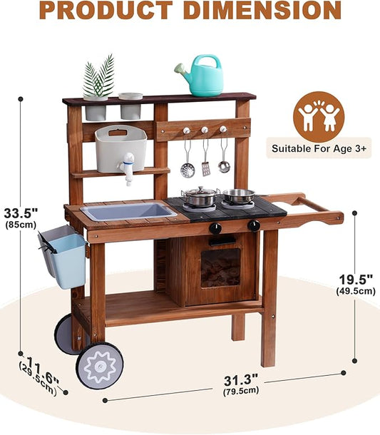 ROBUD Mud Kitchen for Kids Outdoor with Wheels, Wooden Outdoor Play Kitchen, Kids Mud Kitchen with Removable Sink & Faucet, Monteeori Toys for Children Ages 3+ Years, WG403