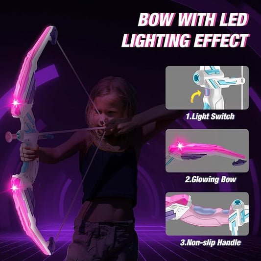 2 Pack Bow and Arrow for Kids, LED Light Up Unicorn Archery Set with 24 Suction Cup Arrows, 1 Standing Glow Target, 6 Score Targets & 2 Quivers, Indoor Outdoor Sport Toys for Girls Ages 4-12