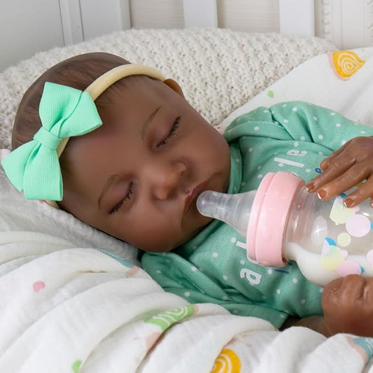 Aori Lifelike Reborn Baby Dolls Black - 18-Inch Realistic Newborn Baby Dolls Black American Real Life Babies Dolls Cloth Body with Feeding Kit & Gift Box for Kids Age 3+