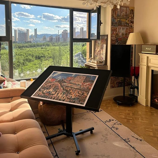 1500 Piece Jigsaw Puzzle Table with Legs, 35.43"x27.87" Metal Puzzle Tables for Adult (Stability Tested & Ergonomic), Adjustable Height & Tilt Angle, Wooden Puzzle Board with 4 Drawers & Cover