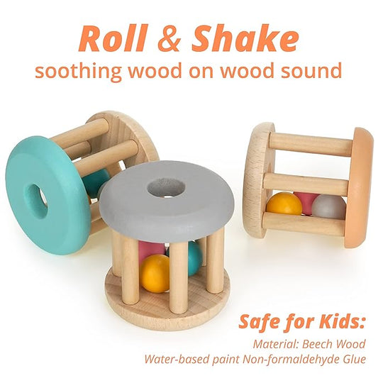 DUCKBOXX XX Montessori Infant Educational Toys, Natural Wood Rolling Rattle Toy, Early Learning Toy for Developing Fine Motor Skills and Color Recognition, for Ages 0m–2yrs (Burlywood Base - 3pcs)
