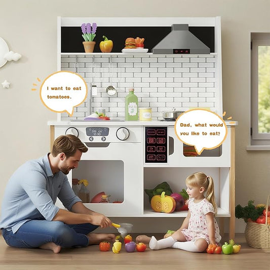 soges Kids Kitchen Playset, Play Kitchen with Realistic Lights & Sounds, Pretend Play Kitchen Wooden Toy Set with Storage Space, Realistic Design Utensils Oven Microwave Sink, Idea Gift for Kids