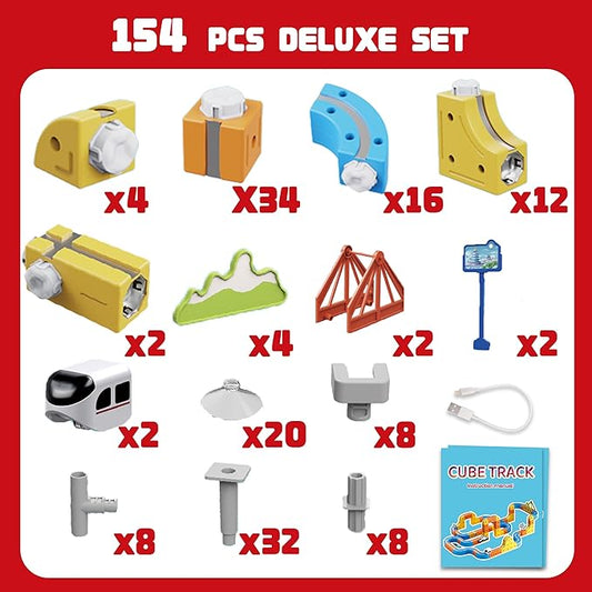 Electric Train Set for Kids Ages 3-8 - Modular 3D Flexible Race Track Building Toy with Gravity-Defying 360° Movement, STEM Learning Fun Gift(154 pcs Deluxe Set)