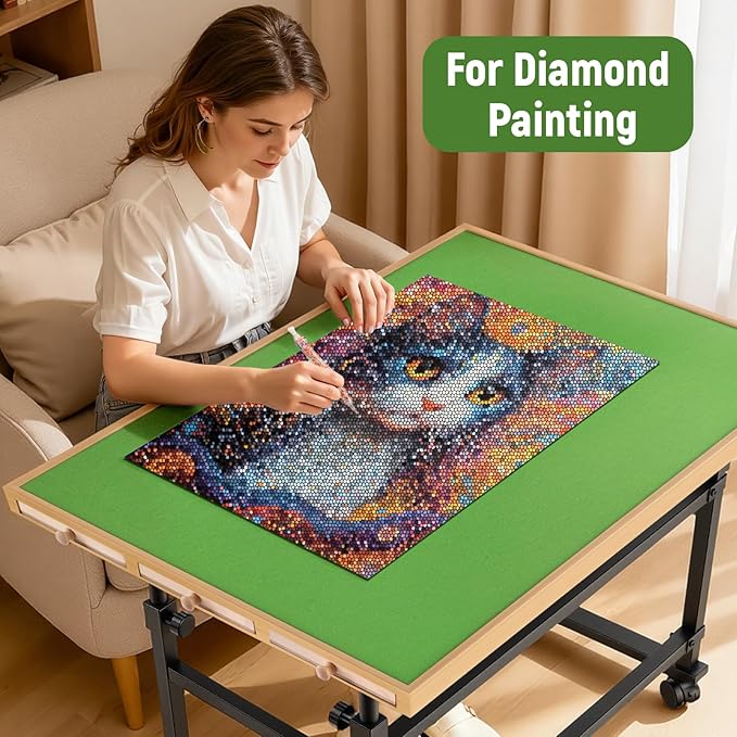 1500 Piece Jigsaw Puzzle Table with Metal Lazy Susan, Rotating Adjustable Height Puzzle Desk with Legs for Adults, 4-Tilting-Angle Portable Wooden Game Board with 6 Drawers & Cover