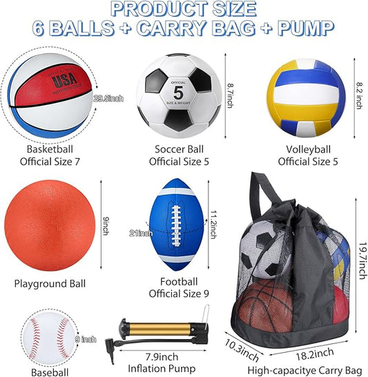 Libima 6 Pcs Multi Sport Ball Set Official Size Football Basketball Soccer Volleyball Playground Ball Baseball with Outdoor Sports Equipment Bag Pump Christmas Sports Gift