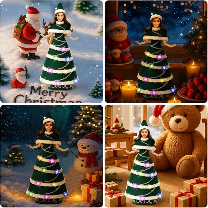 11.5-Inch Christmas Doll – LED Light-Up Dress with 3 Lighting Modes (Slow Flash, Fast Flash, Steady On),Display Stand, for Girls Ages 3–12 (Christmas Doll)