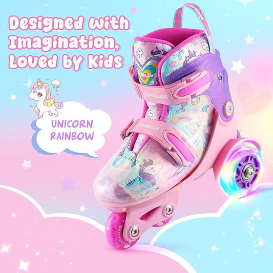 Kids Roller Skates for Beginners - ZOOBLISS Toddler Roller Skates for Boys and Girls Ages 3-7 with Light-Up Wheels & 4 Adjustable Sizes, Tri-Wheel Training Skates for Kids