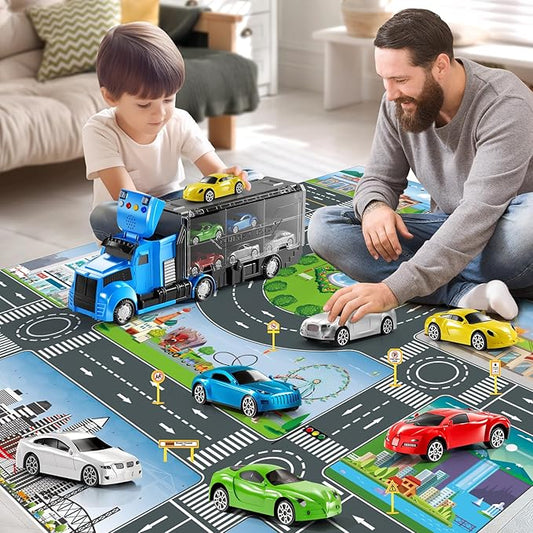 Racing Trucks Toy Set with Play Mat, Carrier Truck Play Vehicles Set for 3 4 5 6 Years Old Boys Kids, Die-Cast Car Toy for Toddlers 3-4 Years, Birthday Gifts Toys for 3-9 Year Old Boys