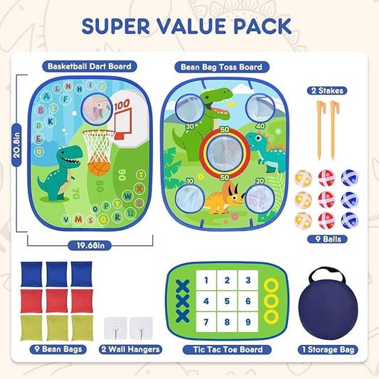 Dinosaur Cornhole Games Set for Kids, 6-in-1 Bean Bag Toss Game,Basketball Dart Board, Sports Play and Learn Eduational Toys for Toddler, Indoor Outdoor Games Toys Gifts for Kids Age 3 4 5 6 7 8