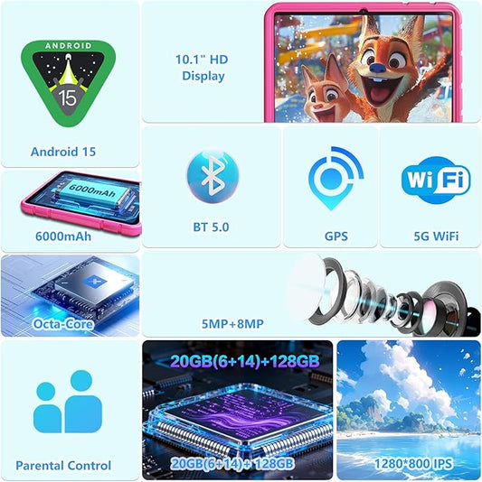 2025 Latest 10.1 inch Kids Tablet Android 15 Tablets for Kids with EVA Protective Case 20GB RAM 128GB Storage Toddler Tablet, Parental Controls, 12-hr Battery, WiFi, GPS, Pink
