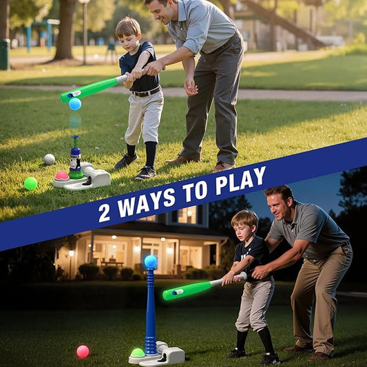 QDRAGON LED Tball Set for Toddlers 3-5, Light up Tee Ball Set, Glow in The Dark T Ball Set for Kids 5-8, Kids Outdoor Playset Baseball Toys Gifts for Boys Girls