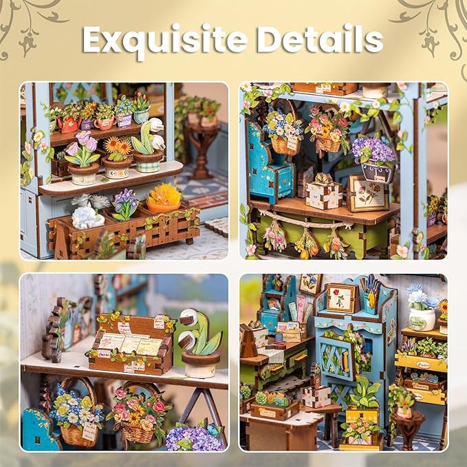 Fsolis Book Nook Kit - DIY Scene Miniature Dollhouse Kit for Adults, Bookshelf 3D Puzzles 255PCS, Tiny House Mini Flower Shop Model Booknook Craft, Gifts for Women Puzzle Lovers (Anna's Blue Blossom)
