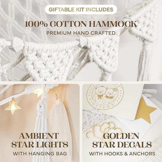 Snow White Macrame DreamLights Boho Stuffed Animal Storage Net (Extra Large) and Hammock for Small Plushies - Pure Cotton