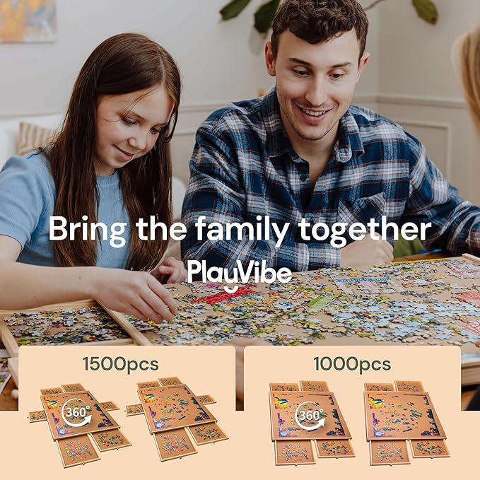 PlayVibe 1500 Piece Puzzle Board with Drawers and Cover - Jigsaw Solve Station - Portable Puzzle Table with Drawers, Tray & Accessories - Raised Edges to Prevent Slipping - Thanksgiving Puzzle