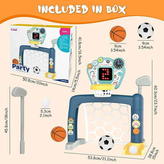 3 in 1 Adjustable Basketball Hoop Soccer Goal for Toddlers 1-3,Kids Sports Toys with Golf Toy, LED Scoreboard, Music & Educational Games,Indoor & Outdoor Baby Activity Center