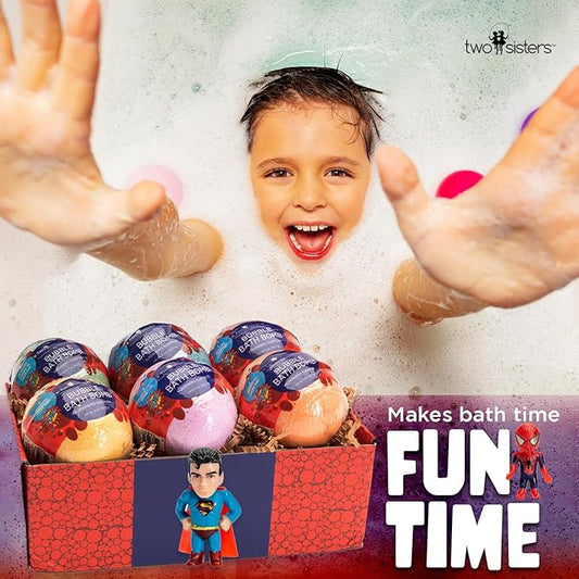 Superhero Bath Bombs for Kids with Surprise Toys Inside (6 Pack) - Large Bubble Bomb Fizzies for Boys, Girls, & Toddlers - Fruity Scents, Relaxing Aromas, Made in USA, Birthday Gift by Two Sisters