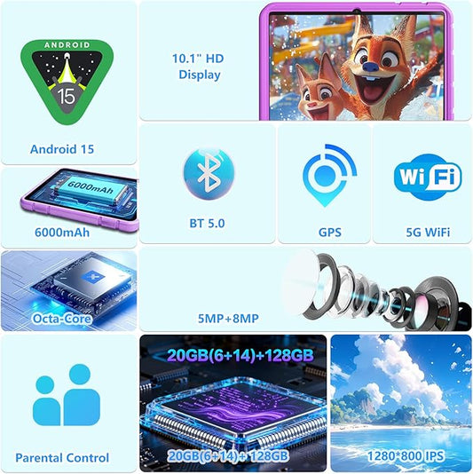 2025 Latest 10.1 inch Kids Tablet Android 15 Tablets for Kids with EVA Protective Case 20GB RAM 128GB Storage Toddler Tablet, Parental Controls, 12-hr Battery, WiFi, GPS, Purple