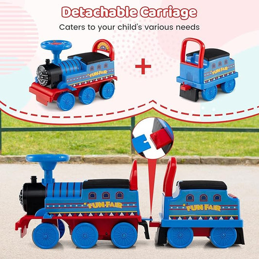 Costzon 2-Seater Ride on Train with Carriage, 6V Ride on Toy w/Under-Seat Storage, Footrests, Train Whistle, Music & Colorful Flashing LED Lights, Electric Car for Kids (2 Seaters, Blue)