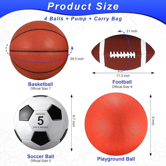 Lenwen 4 Pcs Sports Balls Set, Include Official Size Basketball Soccer Football Playground Ball Pump Equipment Bag for Teen Adult Christmas Ball Gifts
